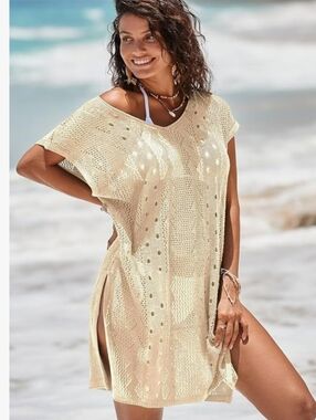 Light Cream Crochet Swim Cover-Up Tunic - Women's Beachwear
